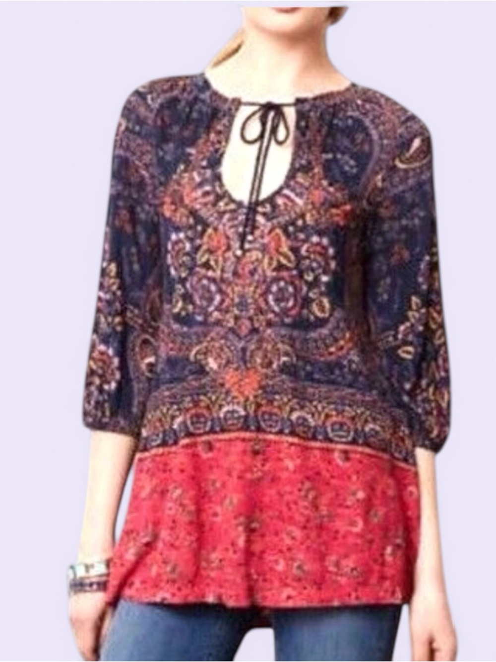 Meadow Rue  Anthropologie Navy Paisley boho  beaded Tunic size S